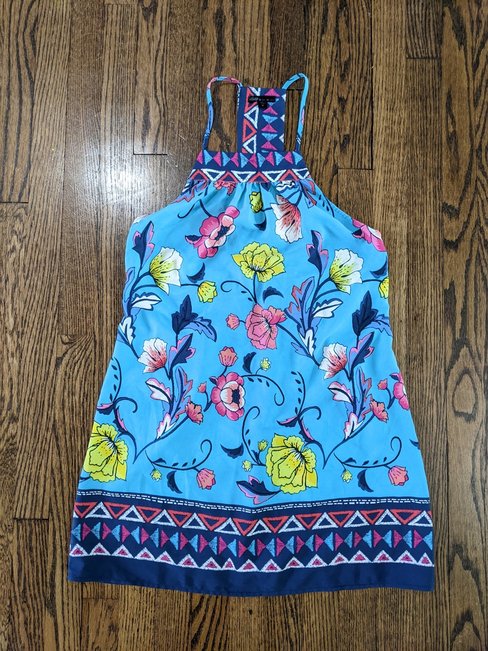 BeBop Aqua Blue Floral Halter Dress with Pink and Yellow Blooms